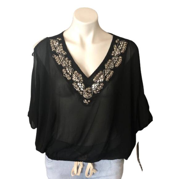 NWT XOXO Sheer Beaded Cold Shoulder Top - Picture 1 of 9